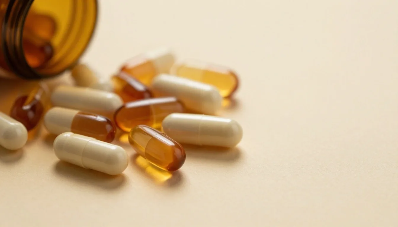 Natural supplement capsules on warm paper