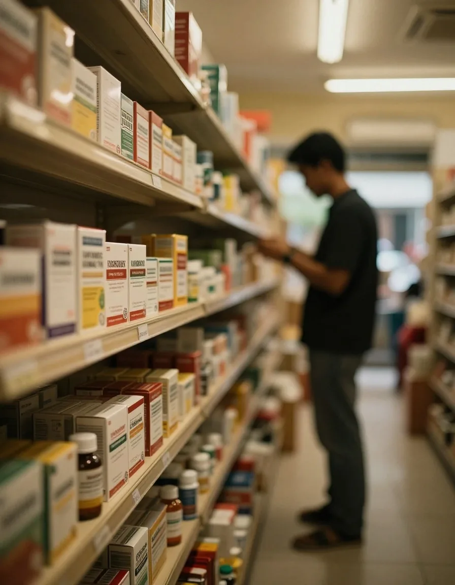 Supplement shelves at a pharmacy