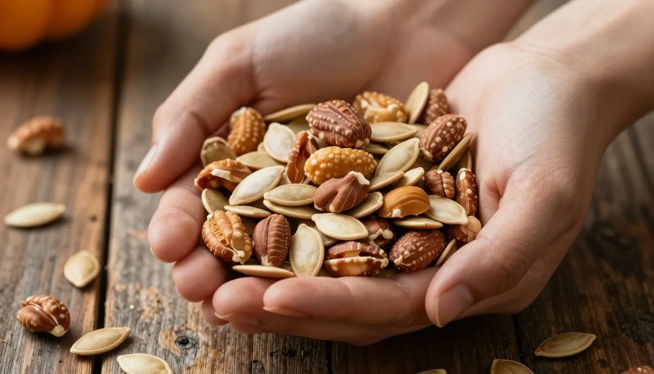 Handful of mixed nuts and pumpkin seeds on a wooden surface