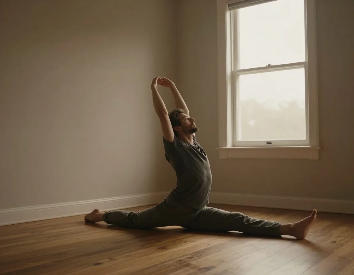 Man stretching near a window at dawn