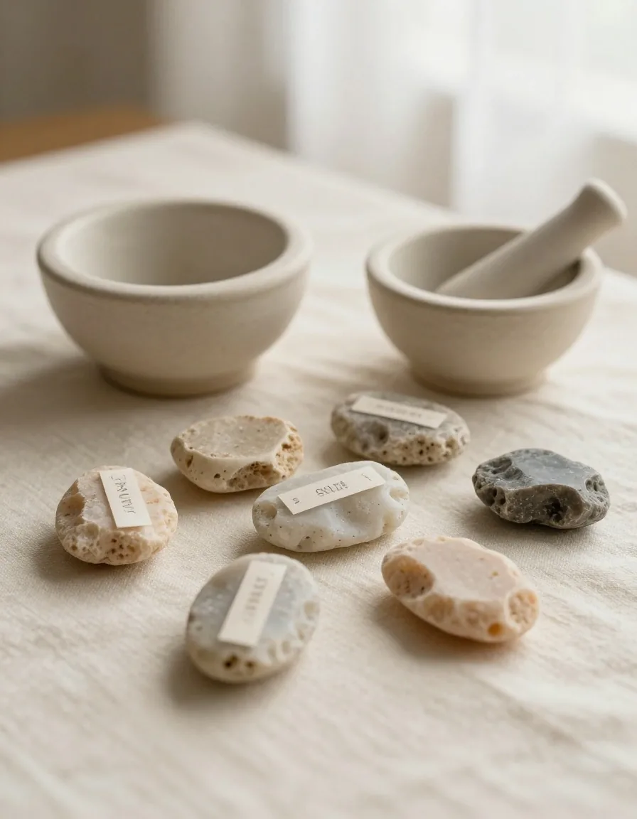 Mineral supplement tablets on a linen cloth with a ceramic mortar