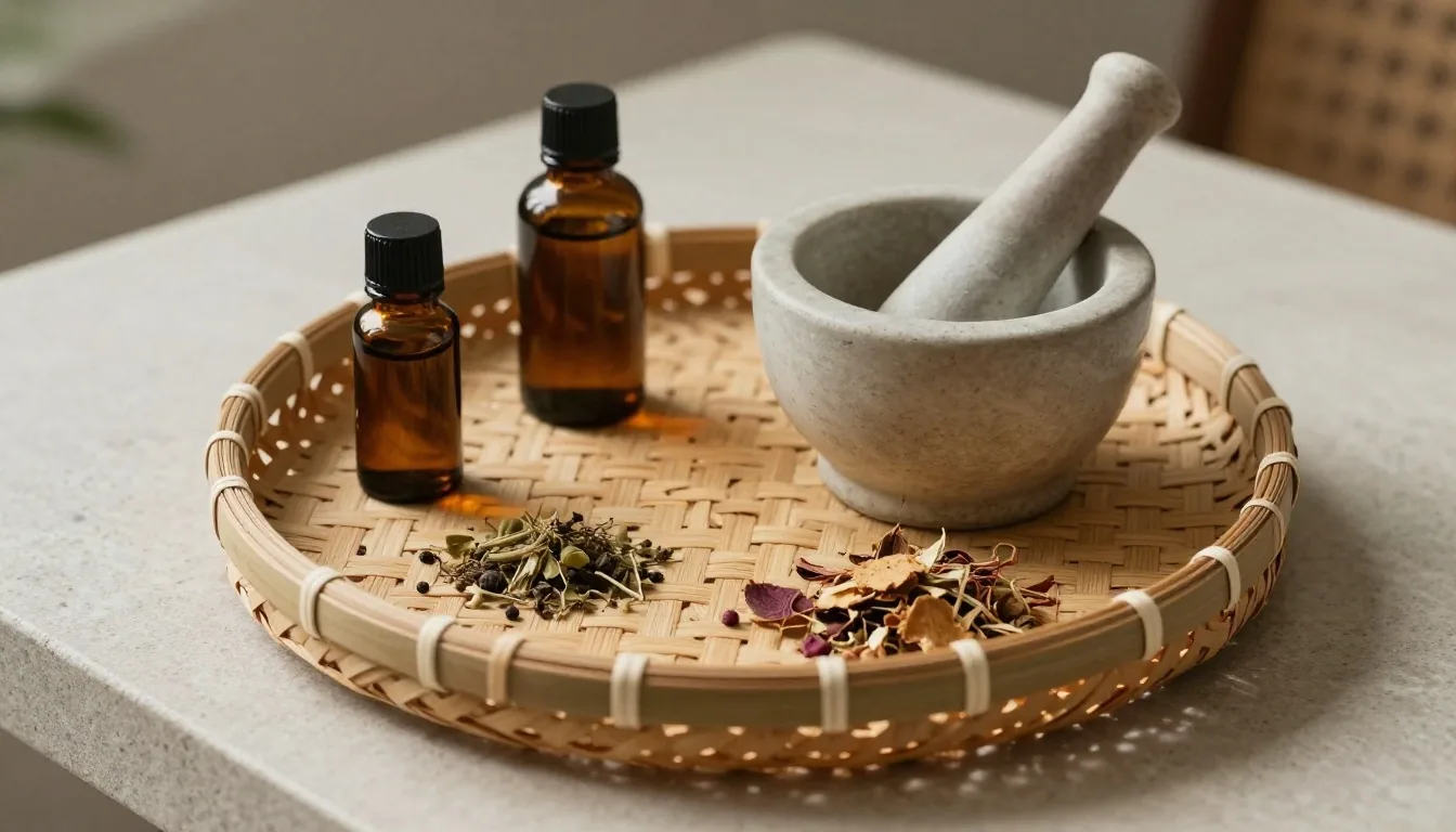 Natural supplement capsules and tablets arranged on a wooden surface in warm light