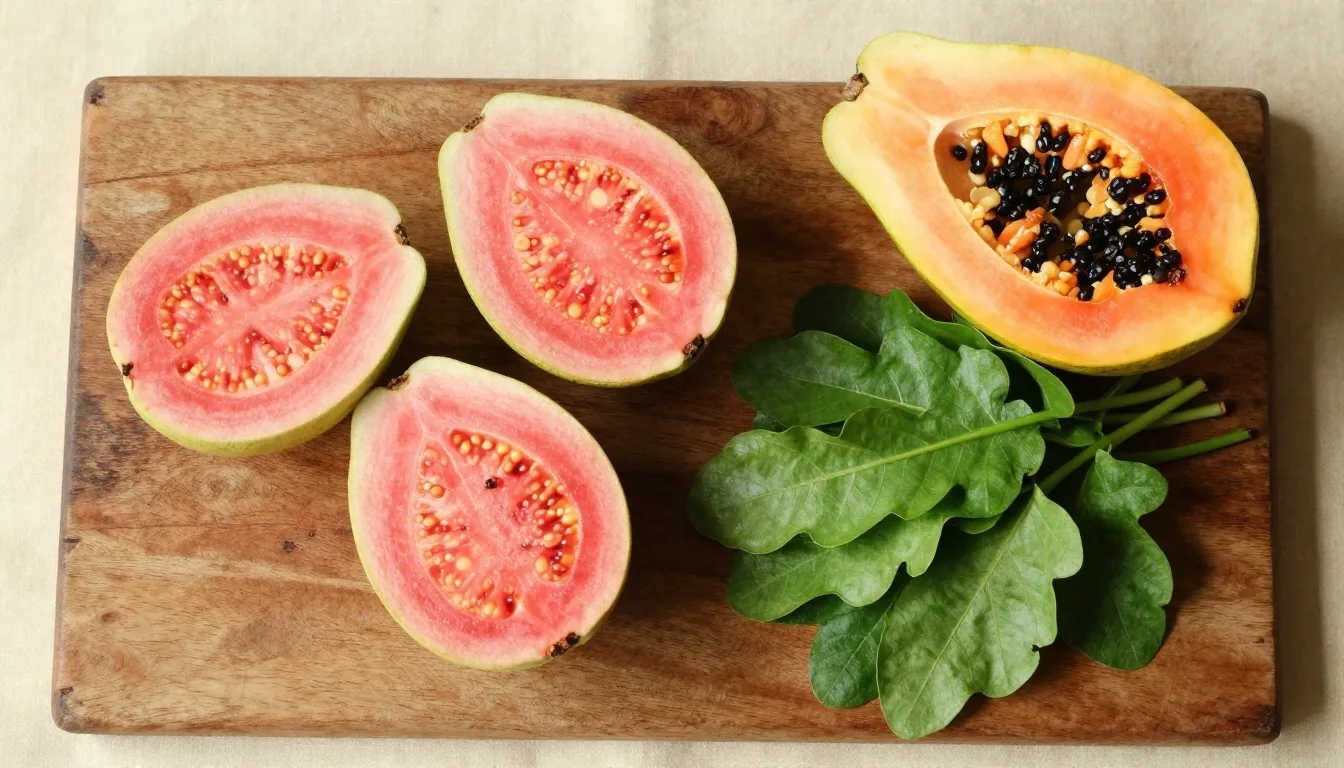 Fresh guava, papaya, and leafy greens as natural vitamin C sources