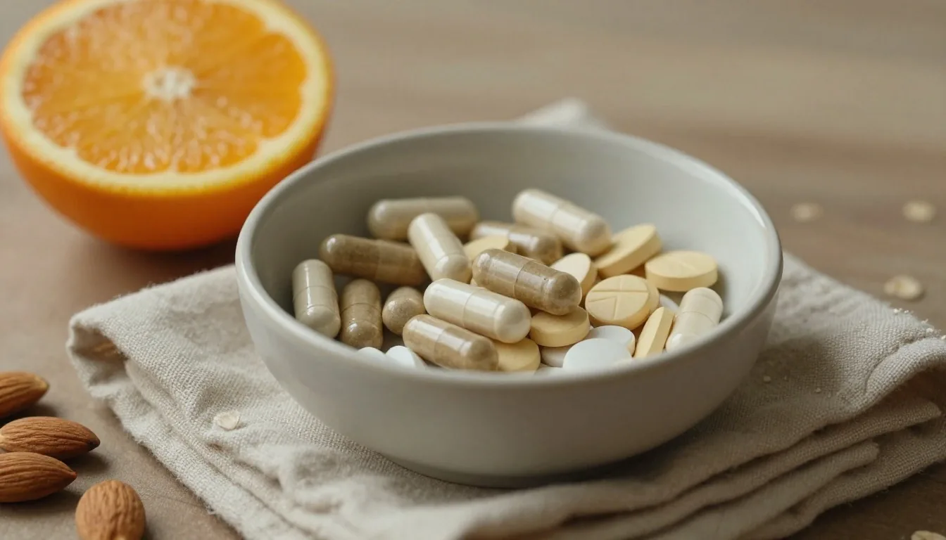 Natural supplement capsules and tablets arranged on a warm paper surface
