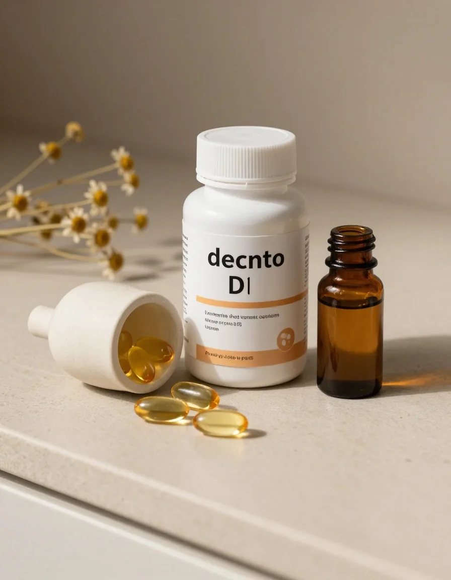 Vitamin D softgel capsules beside an amber glass bottle